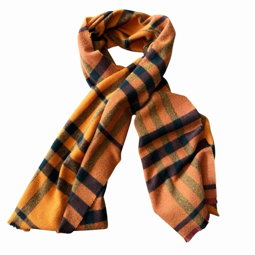 Burberry Cashmere Scarf Orange Plaid Nova Check Fringe Scotland Old Money Luxury - Picture 5 of 5